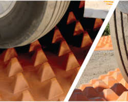 Close-up Of Truck Tires Driving Over An Orange Protectamat With Pyramid-shaped Studs. The Left Part Of The Image Shows A Top-down View Of A Wheel, While The Right Part Shows A Side View Of The Wheel On The Mat On Uneven Terrain.